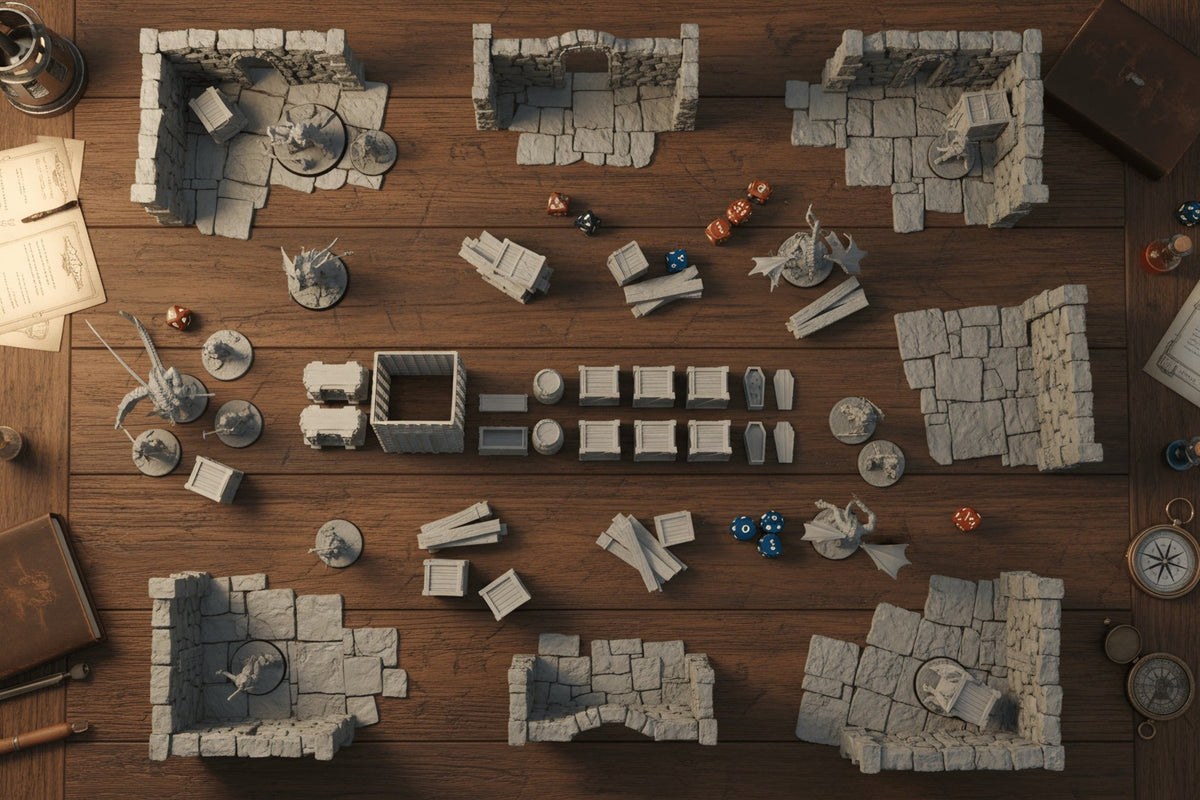 28mm Dungeon Scatter Terrain – Crates, Barrels, Altars, Coffins - Northern Foundry