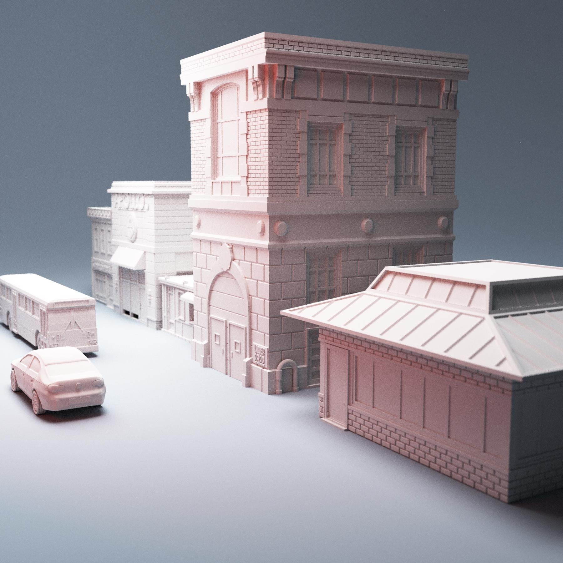 28mm Modern City Terrain – Firehouse, Bus + Restaurants - Northern Foundry