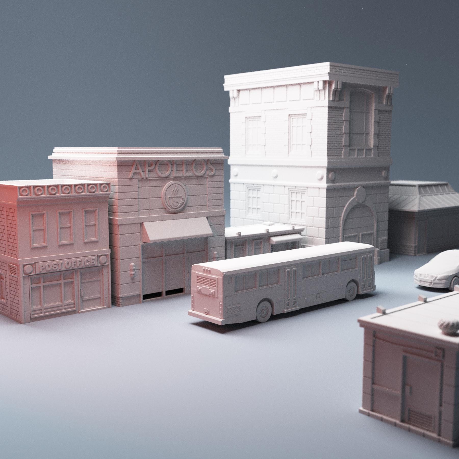 28mm Modern City Terrain – Firehouse, Bus + Restaurants - Northern Foundry