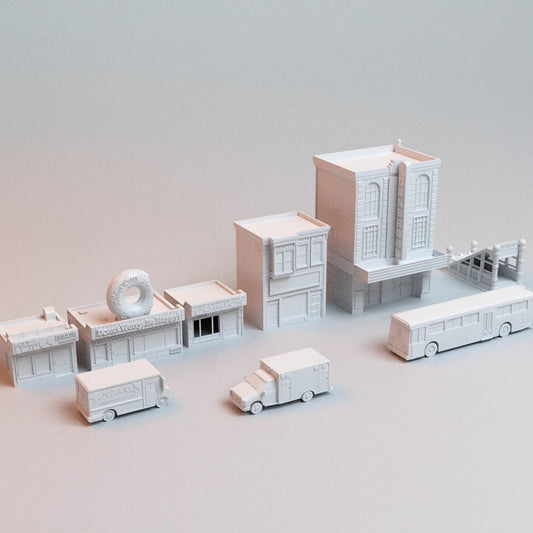 28mm Urban Cityscape Terrain – 5 Buildings + 4 Vehicles - Northern Foundry
