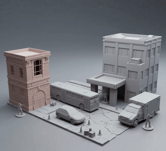 40mm Heroic Urban First Responder Terrain Bundle: Firehouse, Medical Center. & Vehicles - Northern Foundry