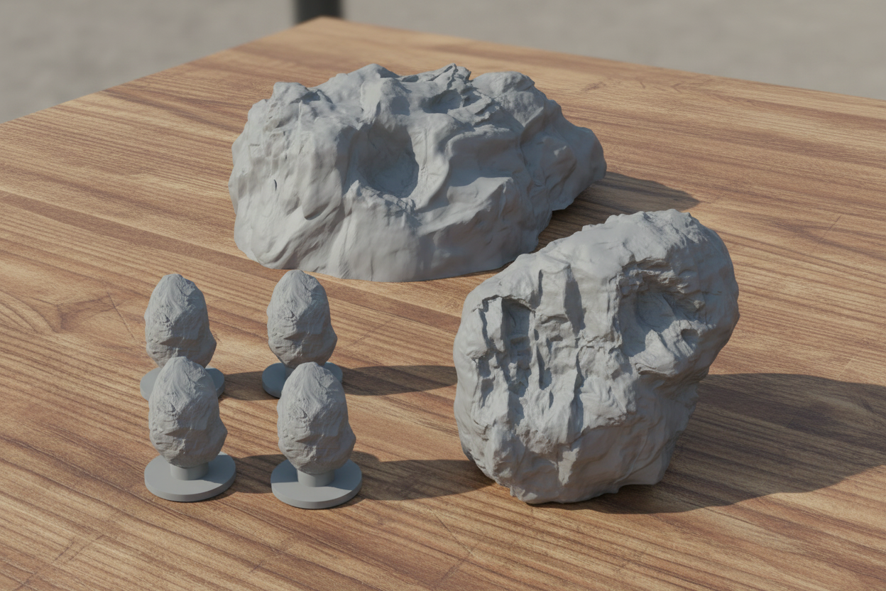 Small stone asteroids and rocks on a wooden surface