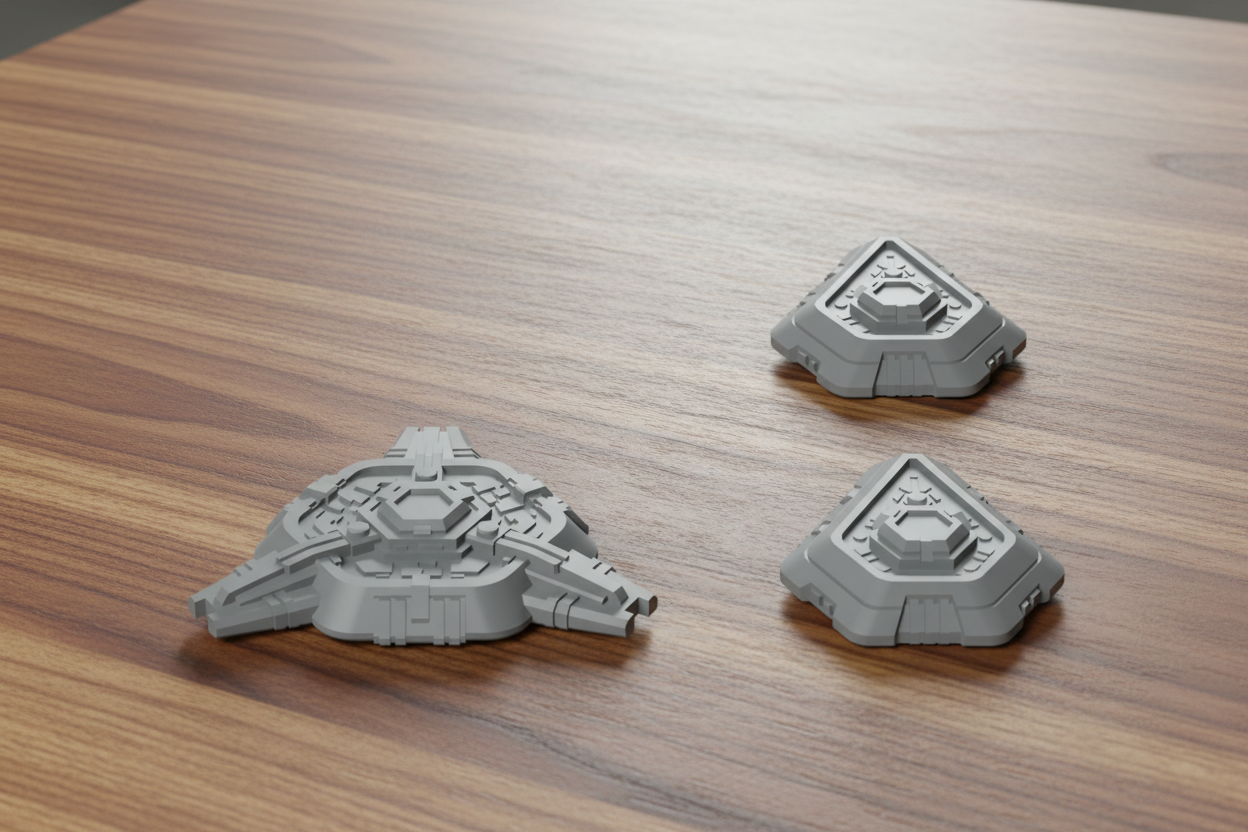 Three gray 3D-printed models on a wooden surface