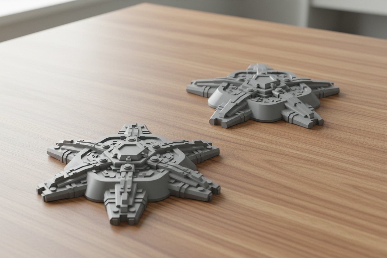 Two 3D-printed models of starships on a wooden surface