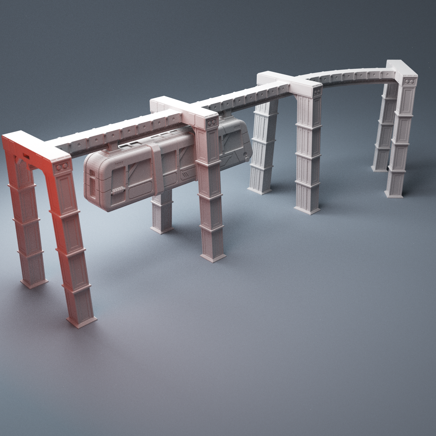 Cyberpunk monorail A-frame supports wargaming