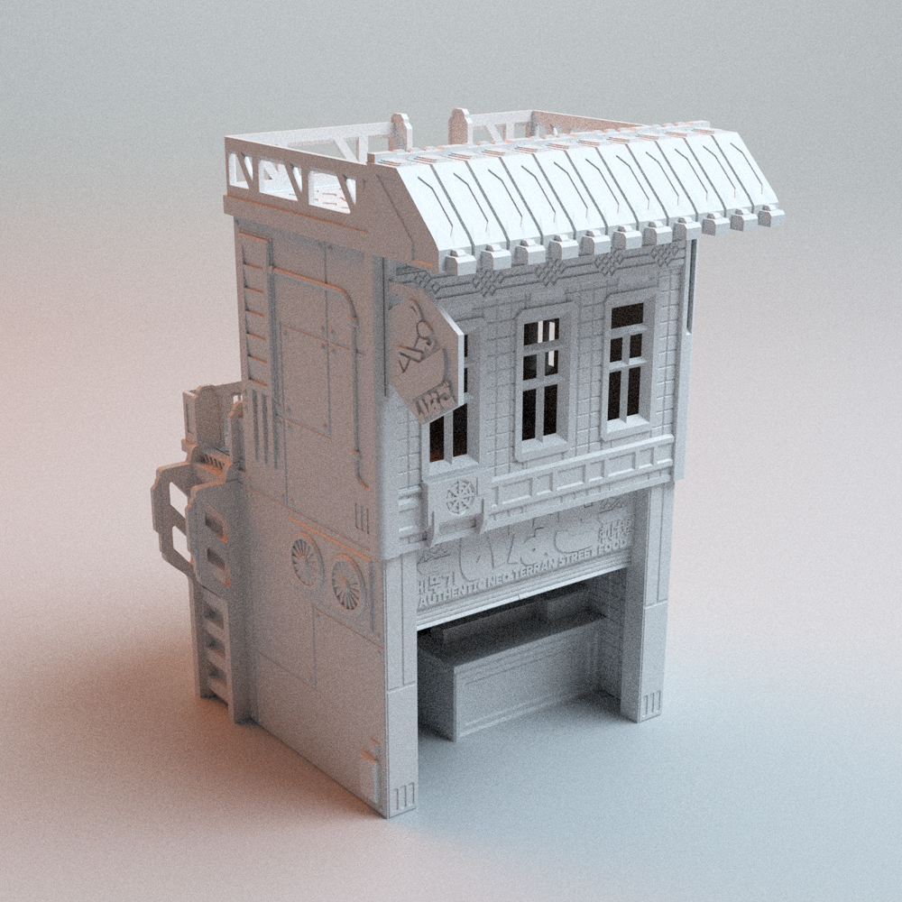 Cyberpunk Locust Eatery building 28mm sci-fi terrain