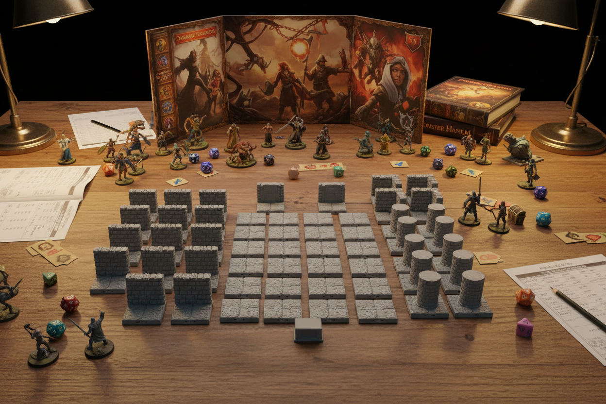 Grey Dungeon tiles and scatter on a tabletop