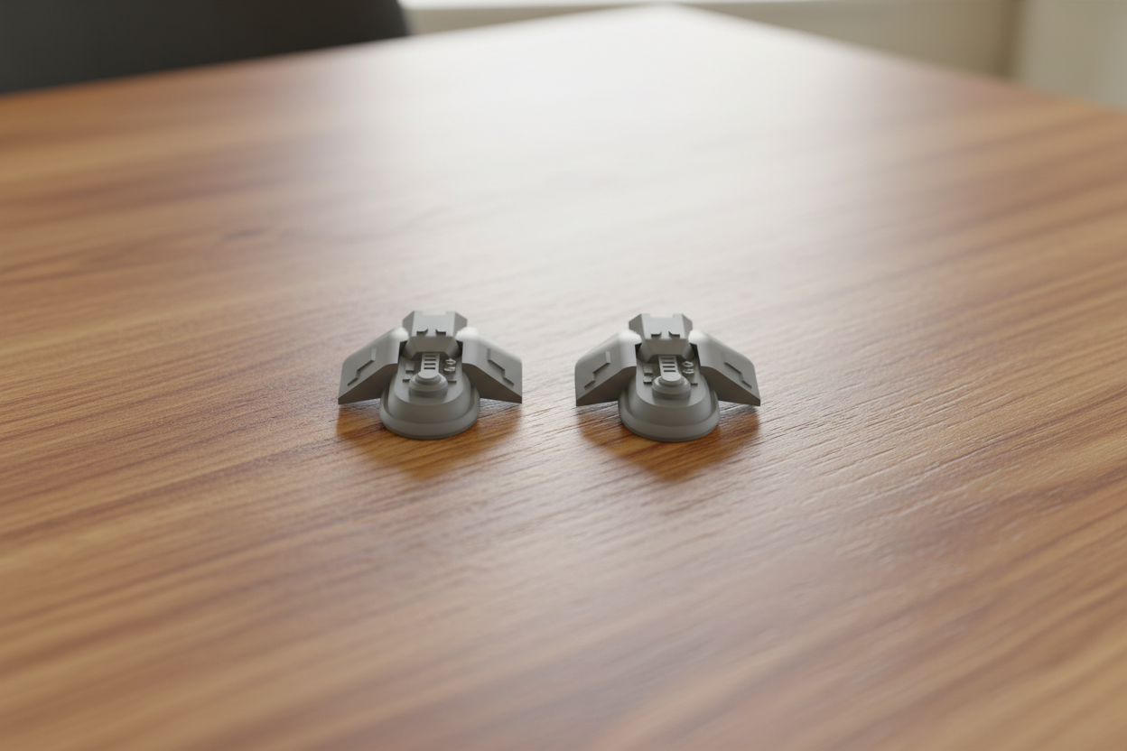 Two small metallic objects on a wooden surface
