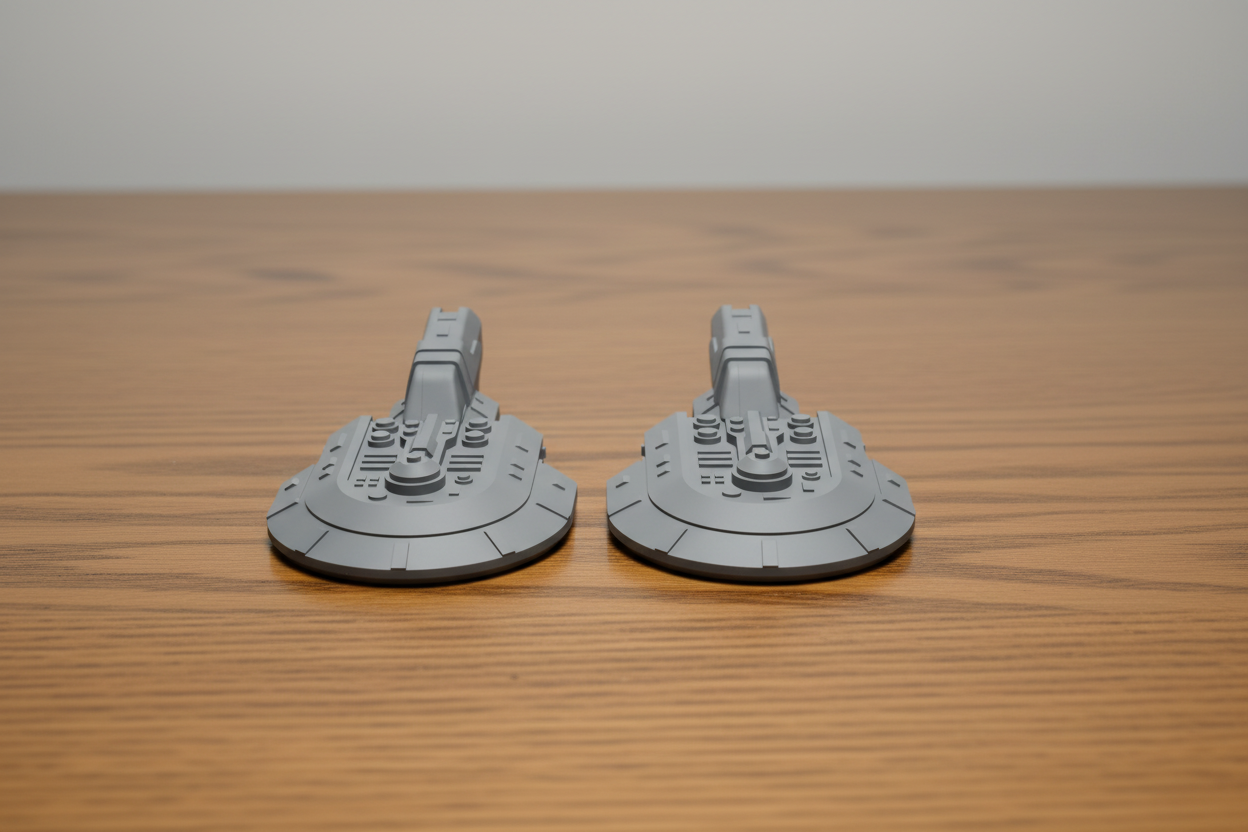 Two gray model spaceships on a wooden surface with a plain background