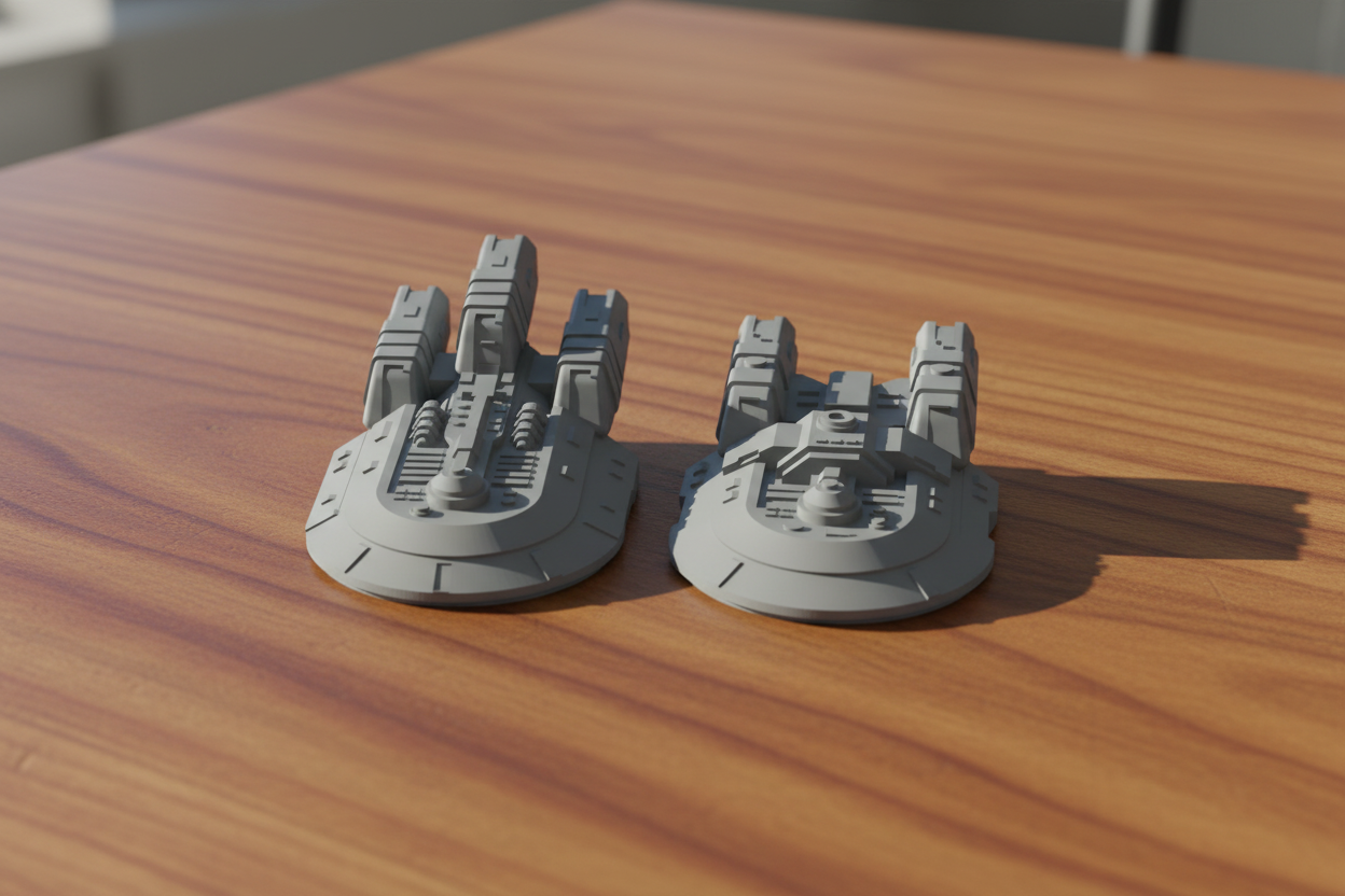 Two gray model ships on a wooden surface