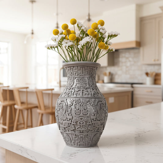 Aztec Relief Carved Flower Vase – Modern Sculptural Vase - Northern Foundry