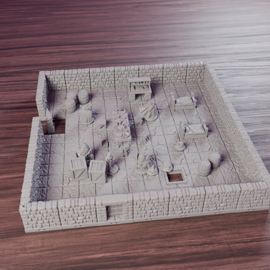 Bandit Hideout Dungeon Set with 5 Minis, assembled set on a wooden table
