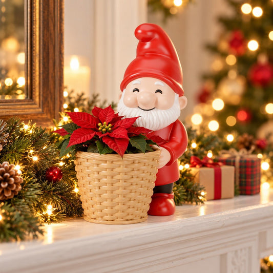 Christmas Gnome Basket Holder – Smiling Santa Gnome with Wicker Basket Planter - Northern Foundry