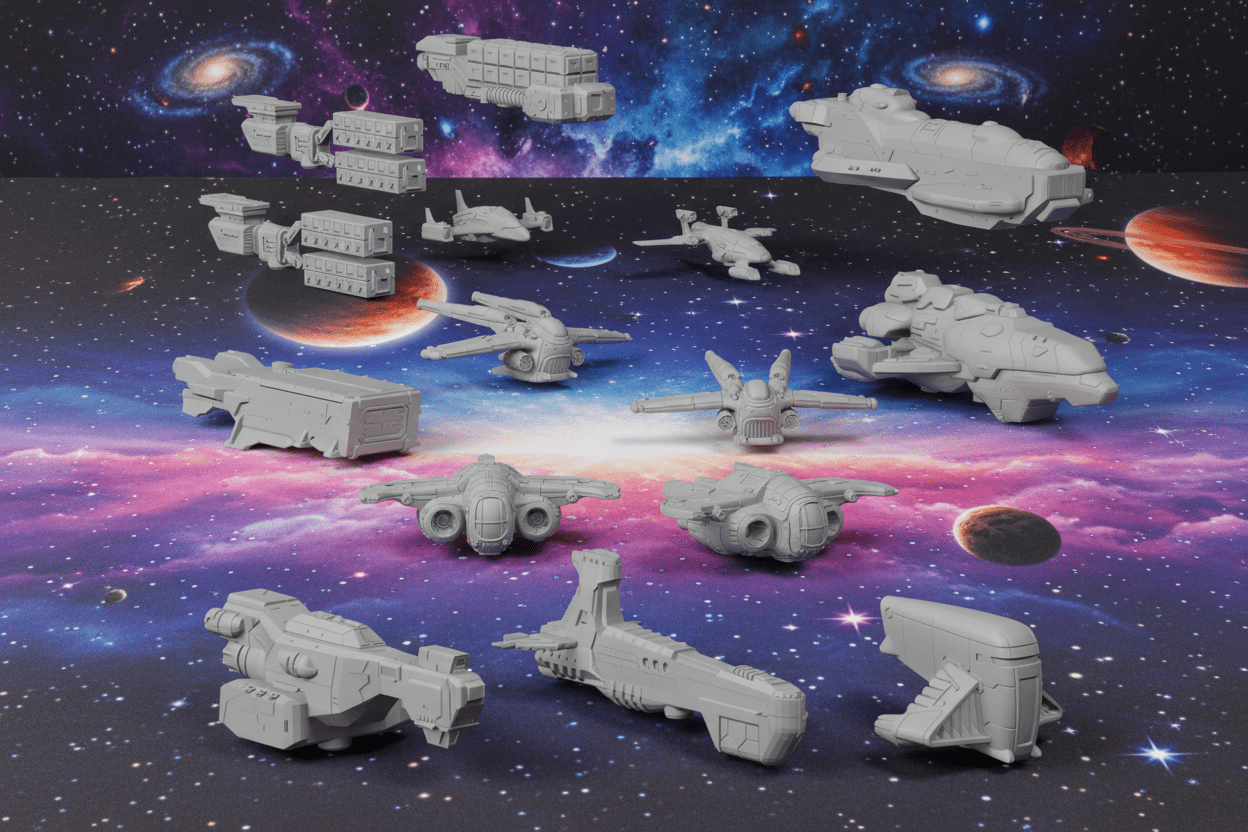 Civilian Merchant Convoy | 18 - Ship Space Fleet | Freighters, Science Vessel & Escorts | Sci - Fi Objective Markers & Scenery - Northern Foundry