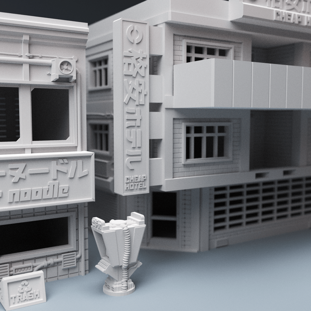 Cyberpunk City Terrain Bundle – 5 Buildings, 3 Vehicles & Scatter (28mm/32mm/40mm) - Northern Foundry
