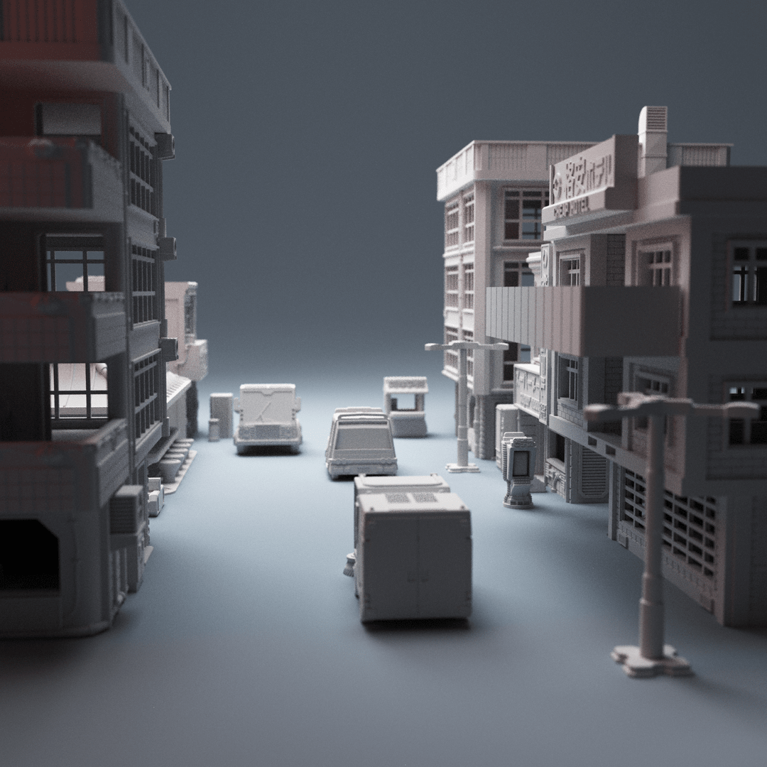 Cyberpunk City Terrain Bundle – 5 Buildings, 3 Vehicles & Scatter (28mm/32mm/40mm) - Northern Foundry