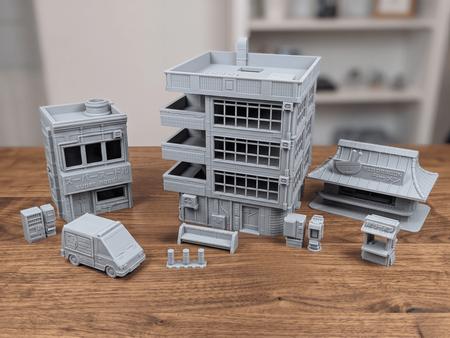 Cyberpunk City Terrain Bundle – 5 Buildings, 3 Vehicles & Scatter (28mm/32mm/40mm) - Northern Foundry