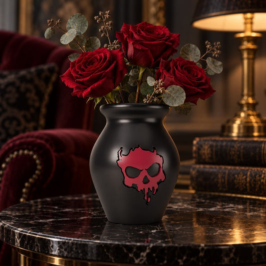 Dark Skull Vase – Black Gothic Urn Vase with Burgundy Skull - Northern Foundry