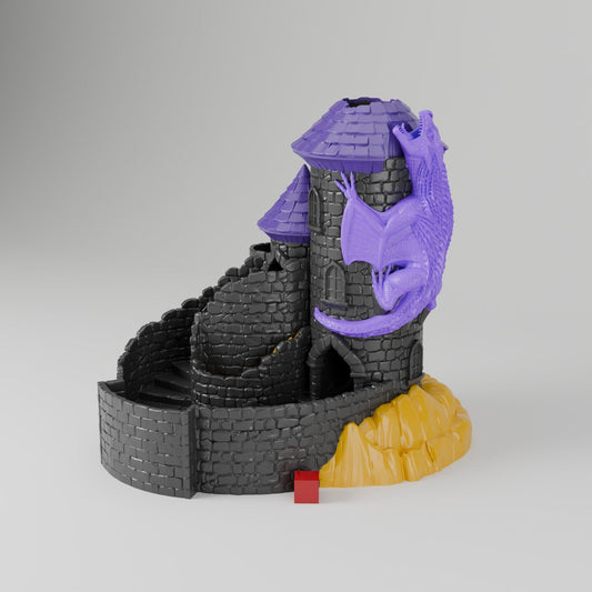 Dragon's Dice Keep – Castle Dice Tower with a Dragon Attacking the Tower - Northern Foundry