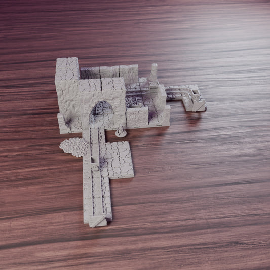 Dwarven Mine Entrance with Mine Carts, assembled set on a wooden table