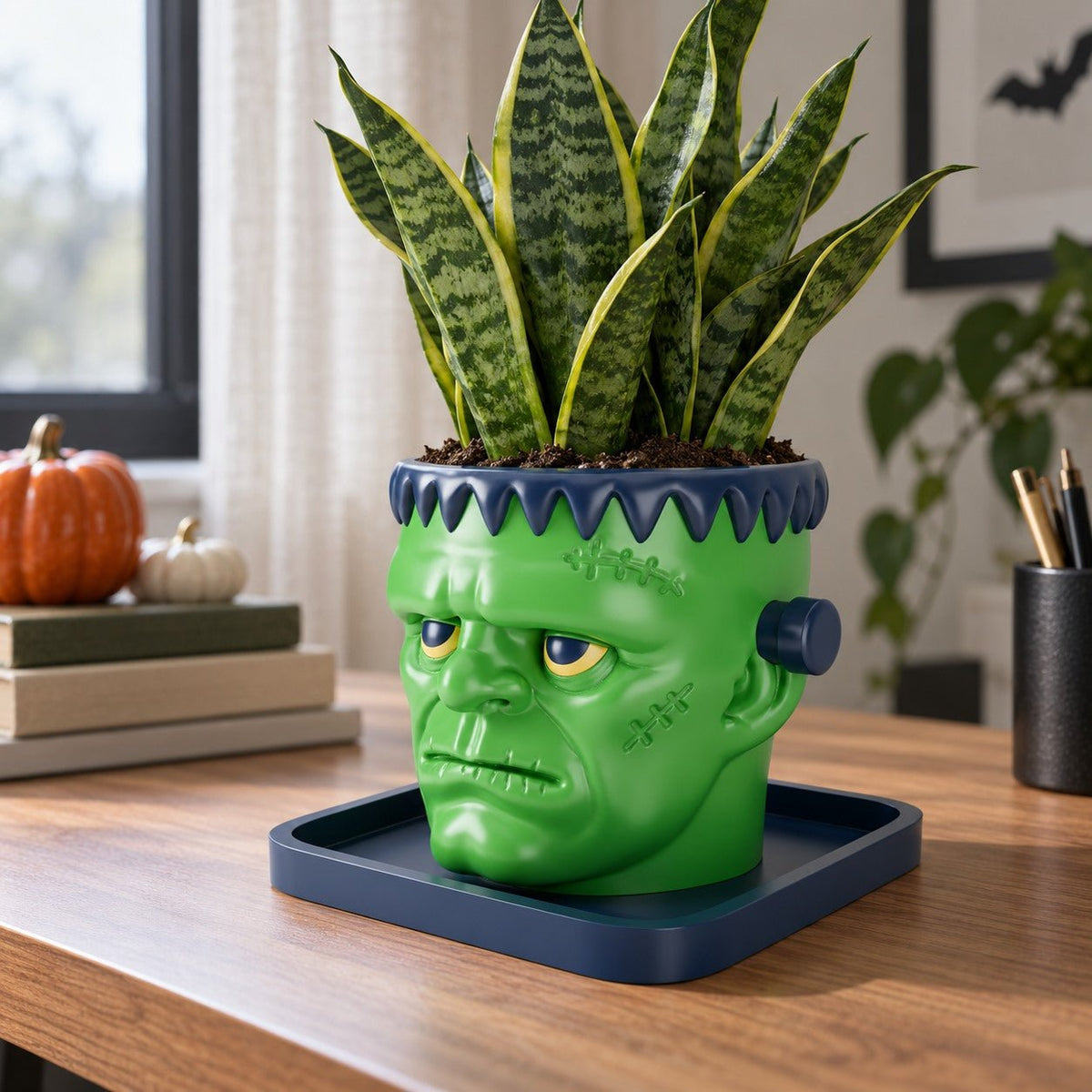 Frankenstein Head Planter with Tray – Monster Halloween Plant Pot - Northern Foundry