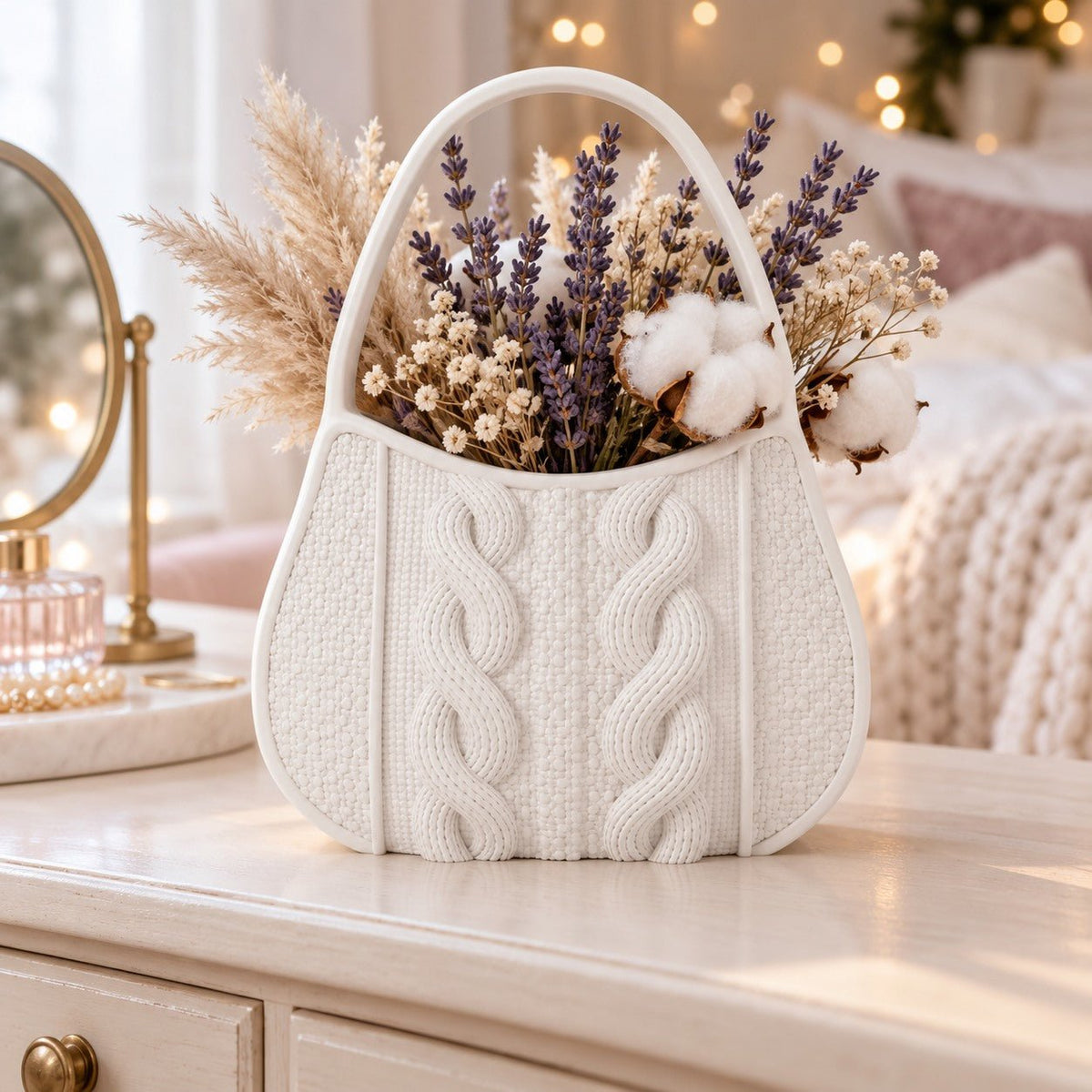 Knitted Bag Vase – Cable Knit Handbag Flower Vase with Handle - Northern Foundry