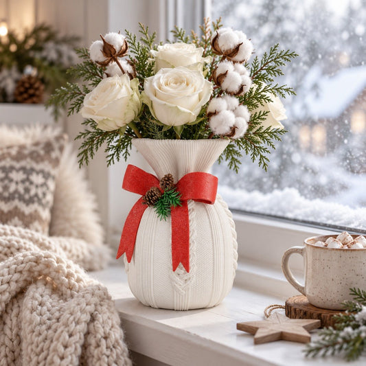 Knitted Christmas Vase with Red Bow – Cosy Sweater Holiday Vase - Northern Foundry