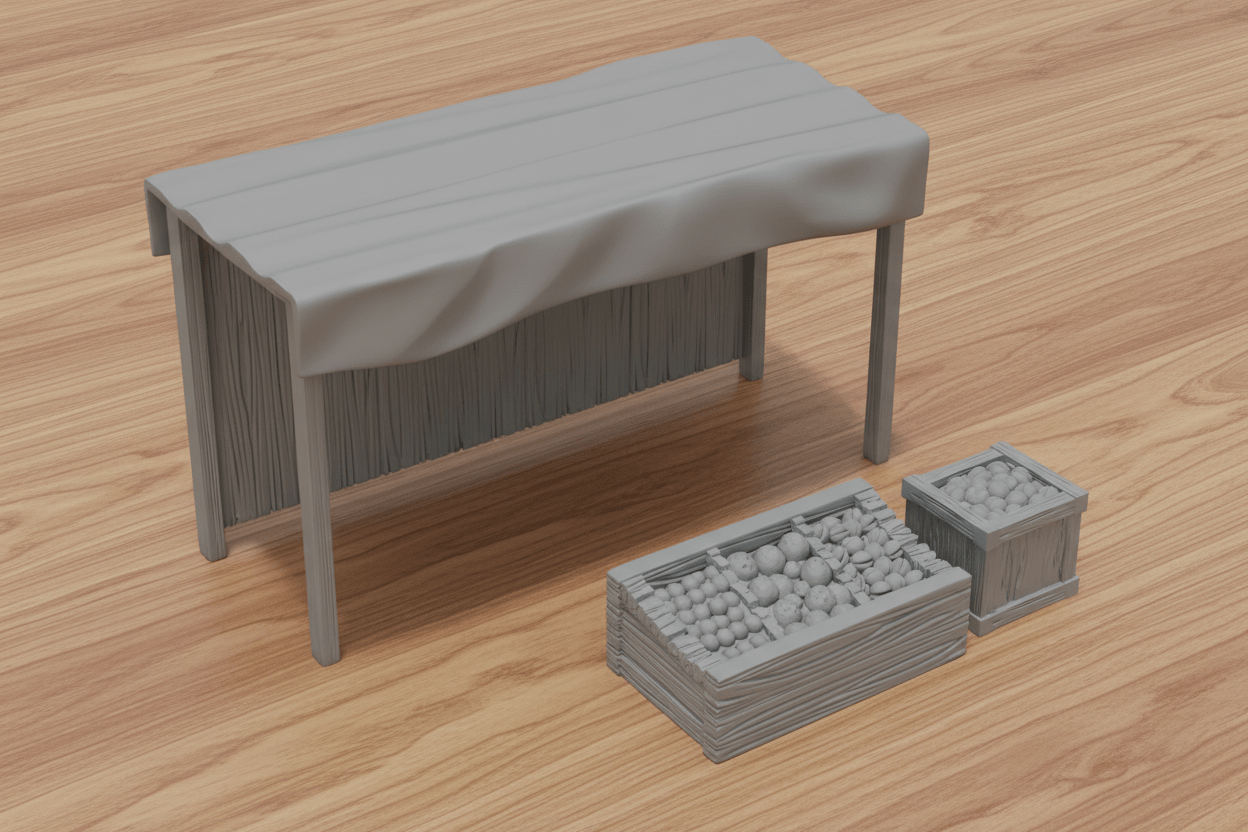 Medieval Market Square Terrain | Merchant Stalls, Fountain & Cart | RPG Village Scatter Scenery | Dragonshire Series - Northern Foundry