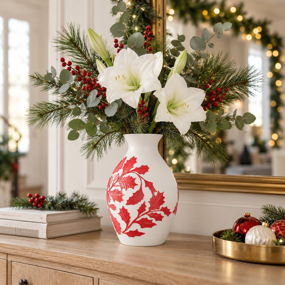 Merry Bloom Holly Vase – White Vase with Red Holly Leaves - Northern Foundry