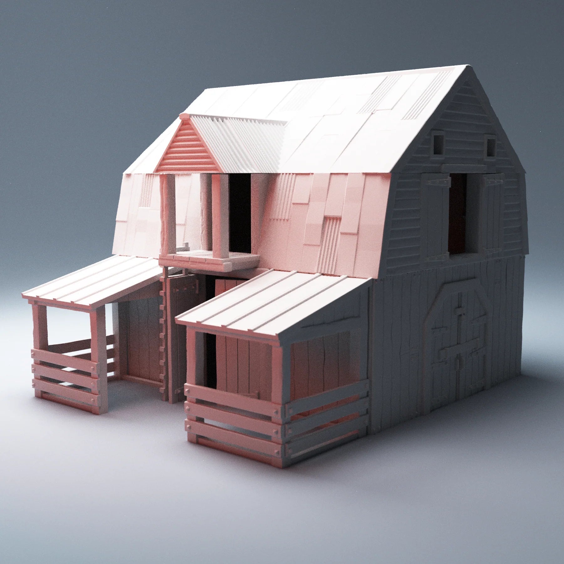 Model of a rustic building with a gray roof and wooden walls on a gray background