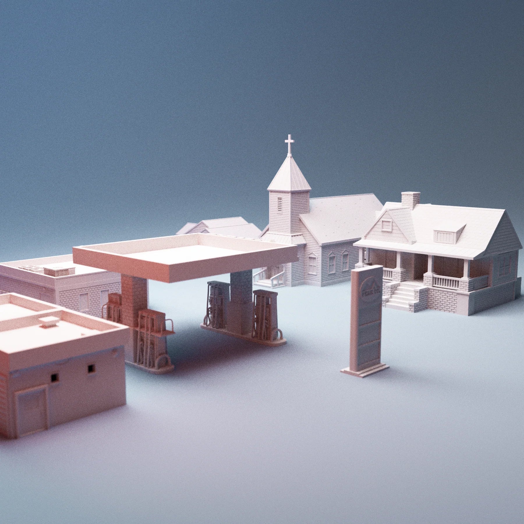 Model of a gas station with a church in the background on a gradient blue and gray background