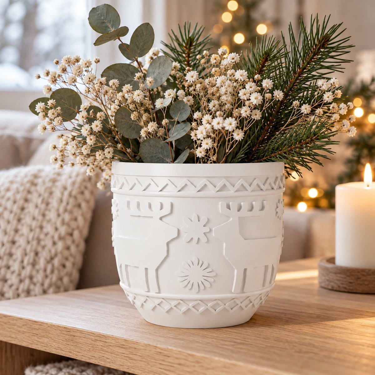 Nordic Reindeer Vase – Scandinavian Winter Pot with Reindeer & Snowflakes - Northern Foundry