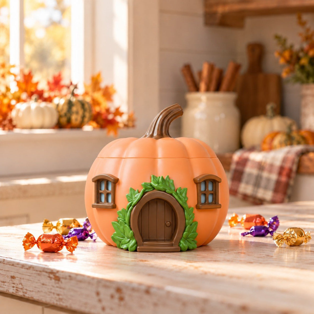 Pumpkin Cottage Candy Bowl with Lid – Fairy House Halloween Treat Jar - Northern Foundry