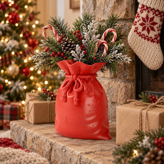 Red Santa Gift Sack Vase – Tied Christmas Bag Flower Vase - Northern Foundry