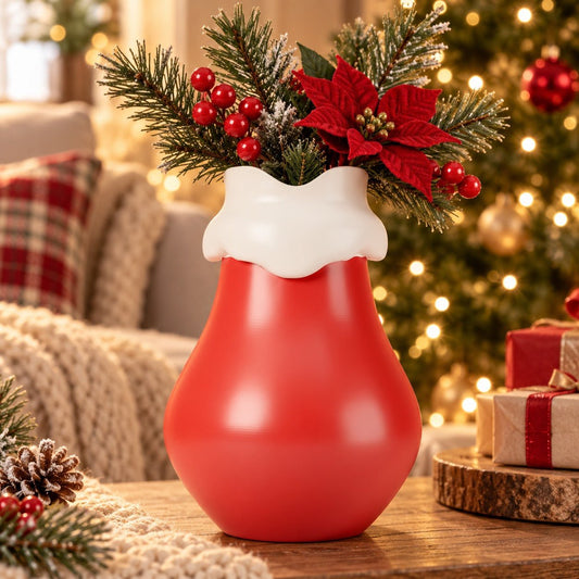 Red & White Holiday Cheer Vase – Santa Snow-Cap Christmas Flower Vase - Northern Foundry