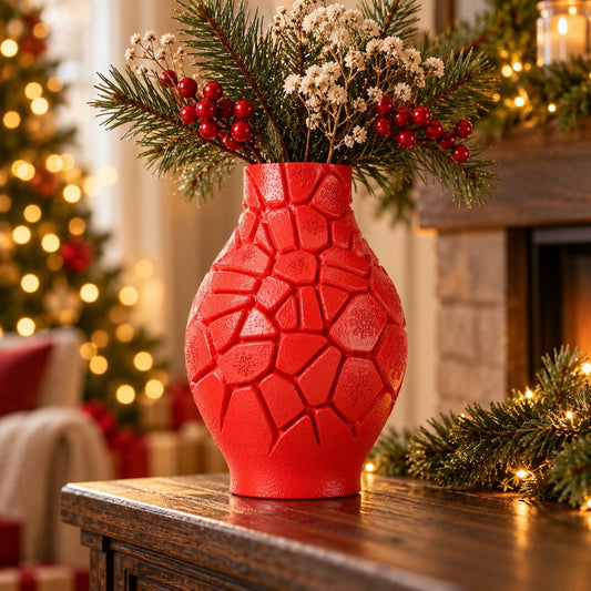Red Winter Mosaic Vase – Christmas Vase with Snowflake Tile Texture - Northern Foundry