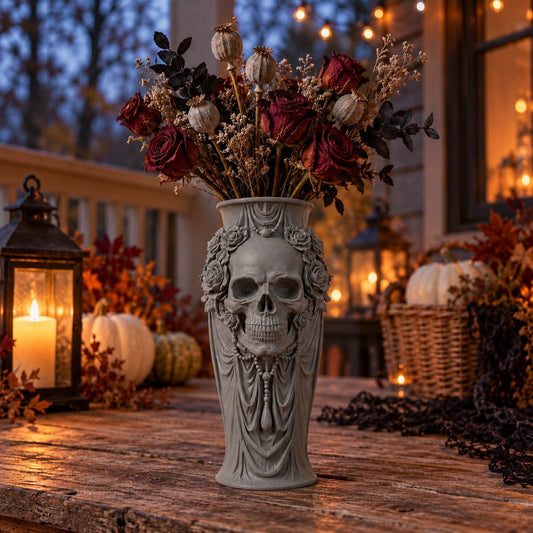 Skull Rose Draped Vase – Gothic Halloween Decor - Northern Foundry
