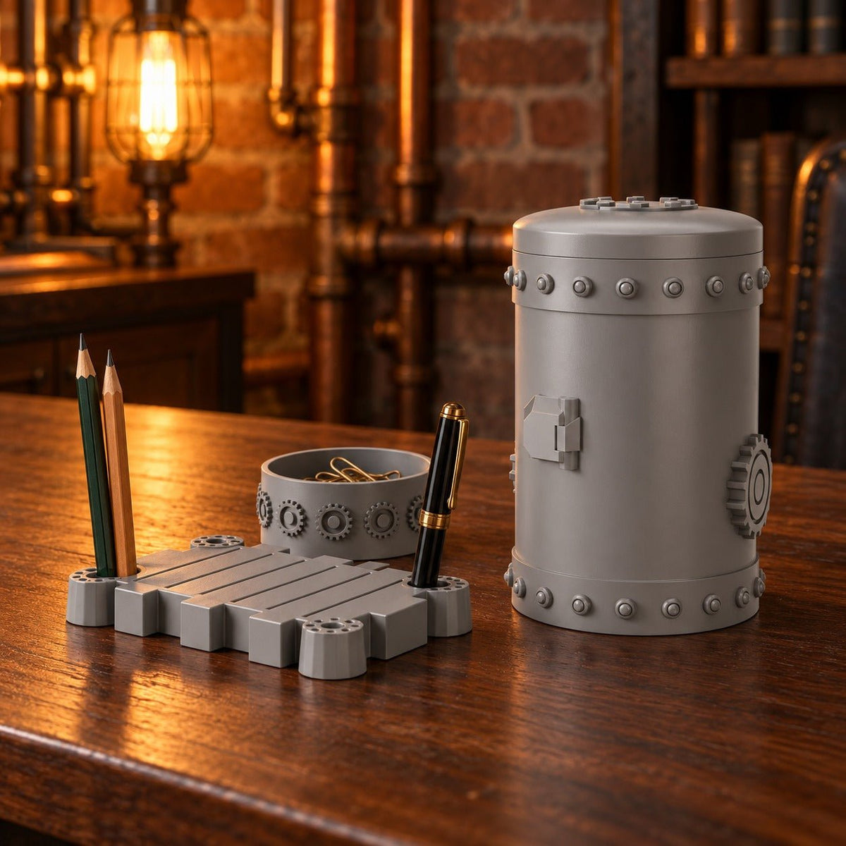 Steampunk Gear Desk Organizer Set – Canister, Cup and Pen Tray - Northern Foundry