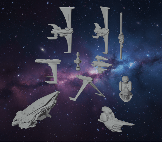 Sylwarin Harmonium Fleet — Elven Solar Sail Spaceships — Gargantuan Battleship & Fighters — 1:128 Scale