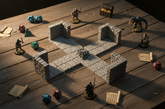 Grey tiles on a wooden table in a crossroads format with interlocking tiles