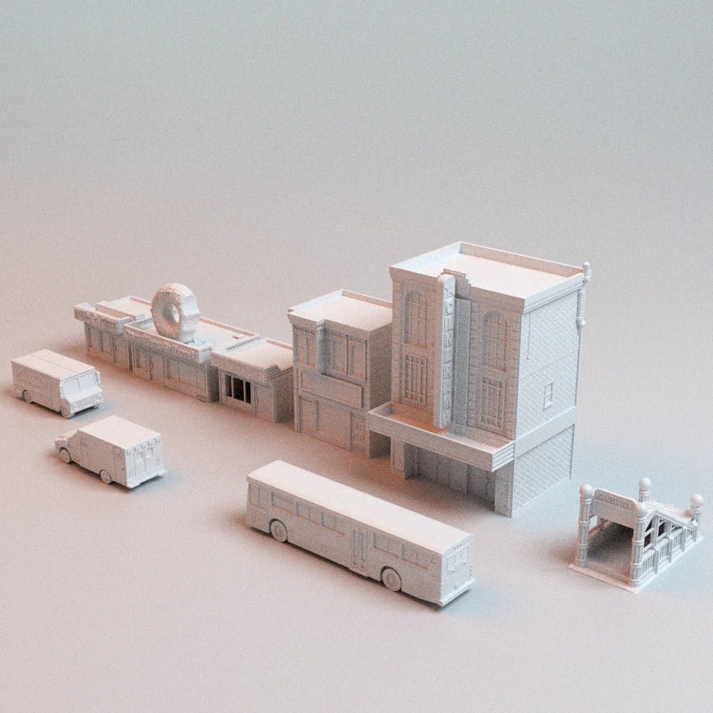 Urban PlayOn Heroic Protocol Bundle — 40mm Superhero Skirmish Terrain — Size 3 & Size 4 Scenery — 28mm City Buildings and Vehicles