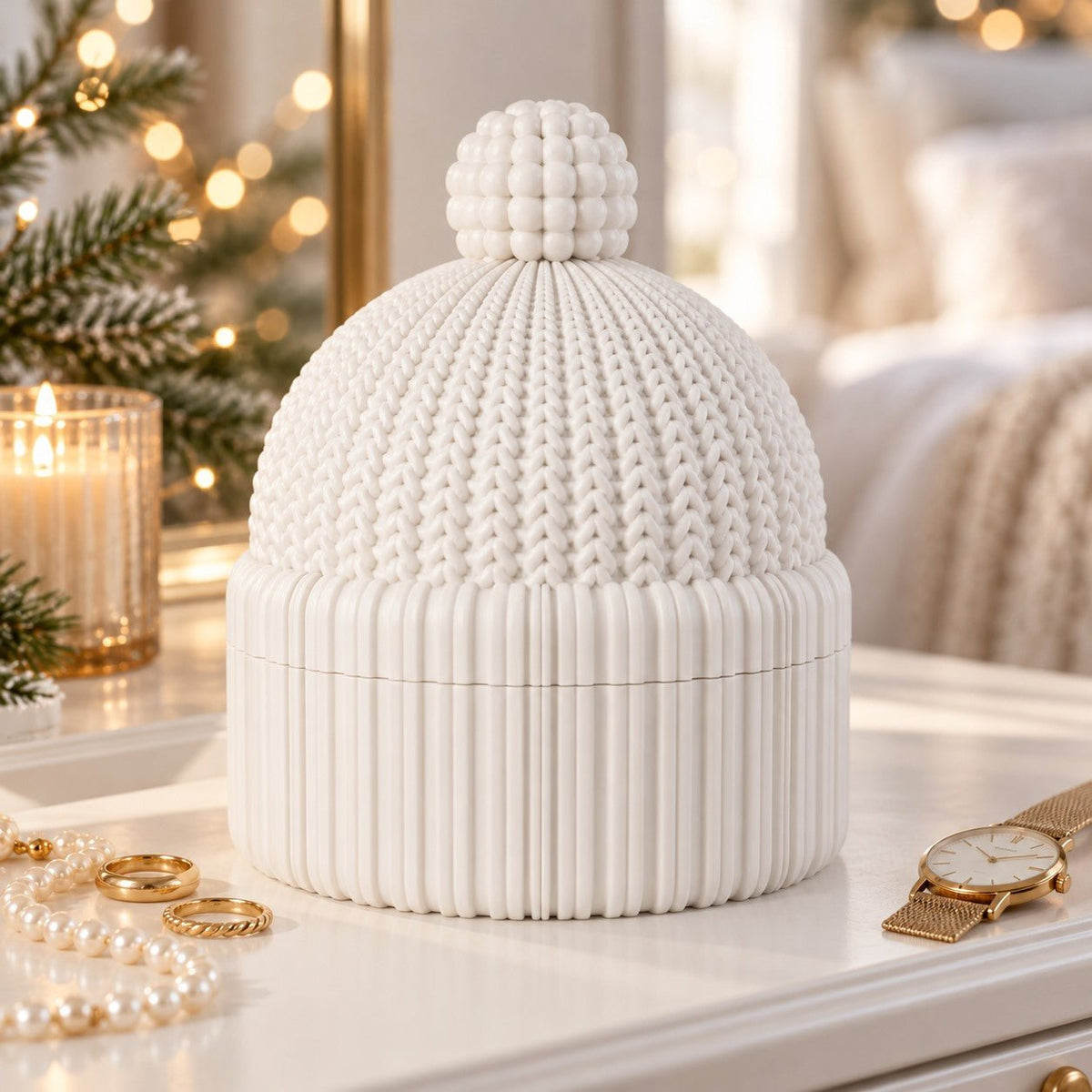 Winter Beanie Hat Jewelry Box – Knit Pom-Pom Lidded Storage Container - Northern Foundry
