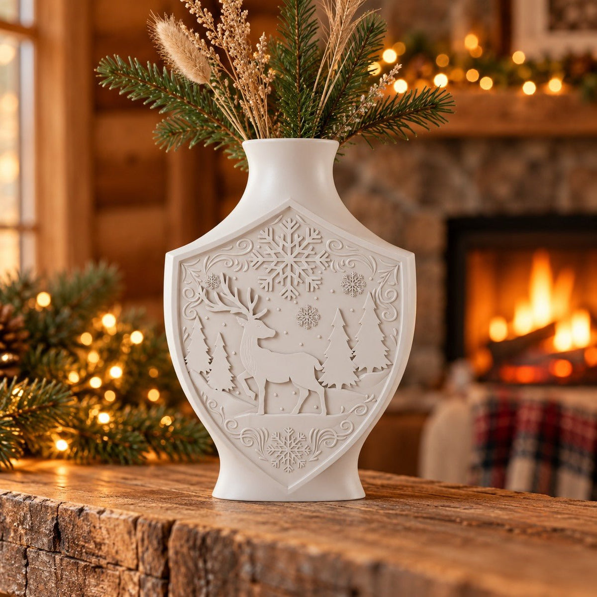 Winter Reindeer Relief Vase – Flat Shield Vase with Deer & Snowflake Scene - Northern Foundry