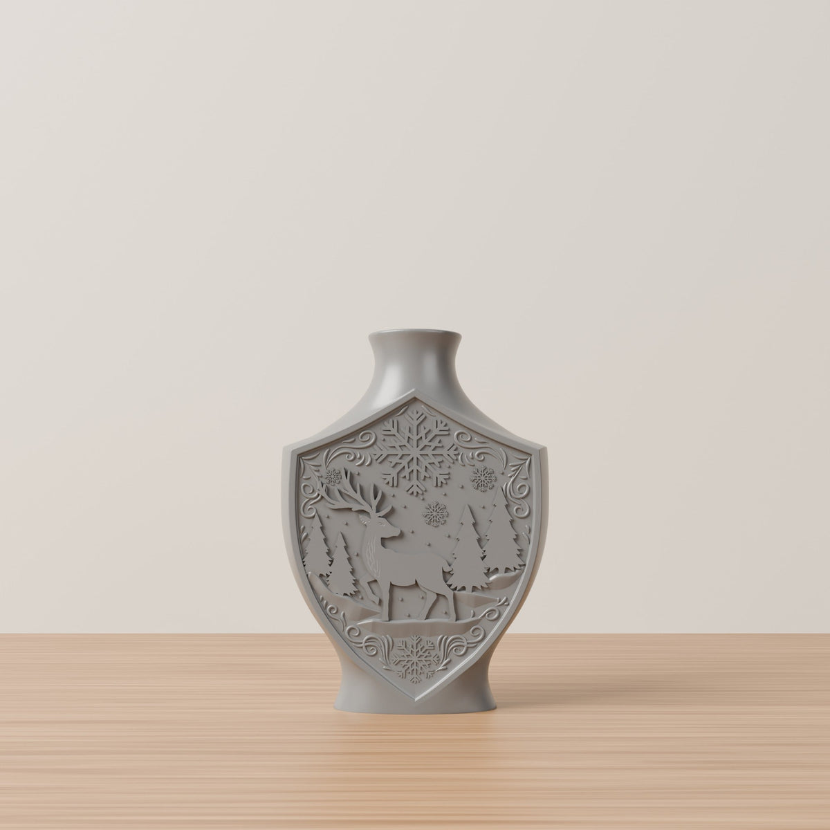 Winter Reindeer Relief Vase – Flat Shield Vase with Deer & Snowflake Scene - Northern Foundry
