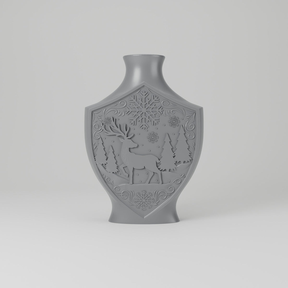 Winter Reindeer Relief Vase – Flat Shield Vase with Deer & Snowflake Scene - Northern Foundry