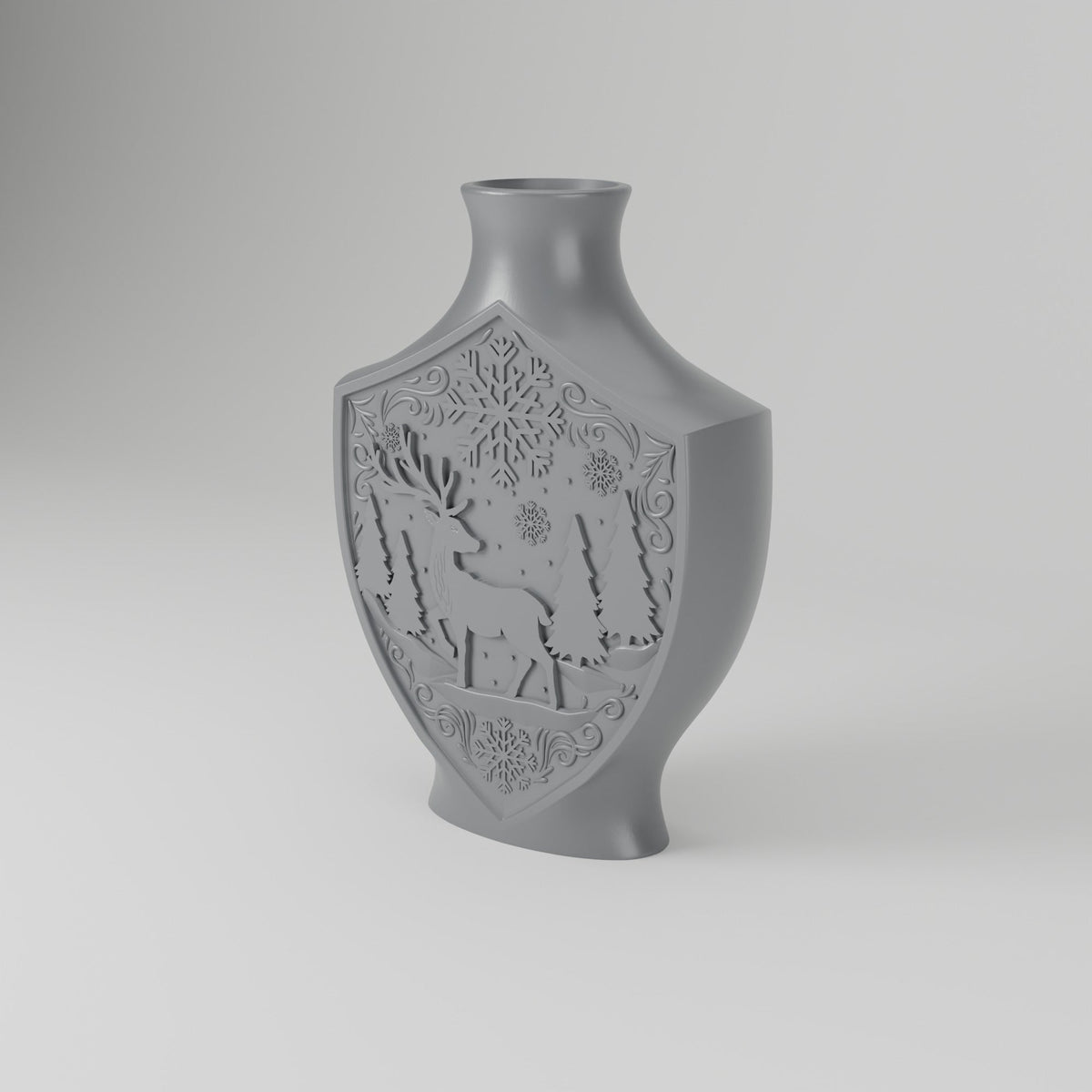 Winter Reindeer Relief Vase – Flat Shield Vase with Deer & Snowflake Scene - Northern Foundry