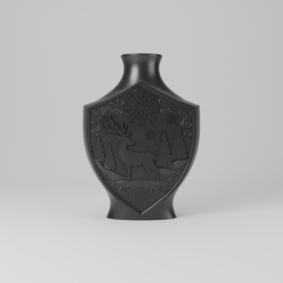 Winter Reindeer Relief Vase – Flat Shield Vase with Deer & Snowflake Scene - Northern Foundry