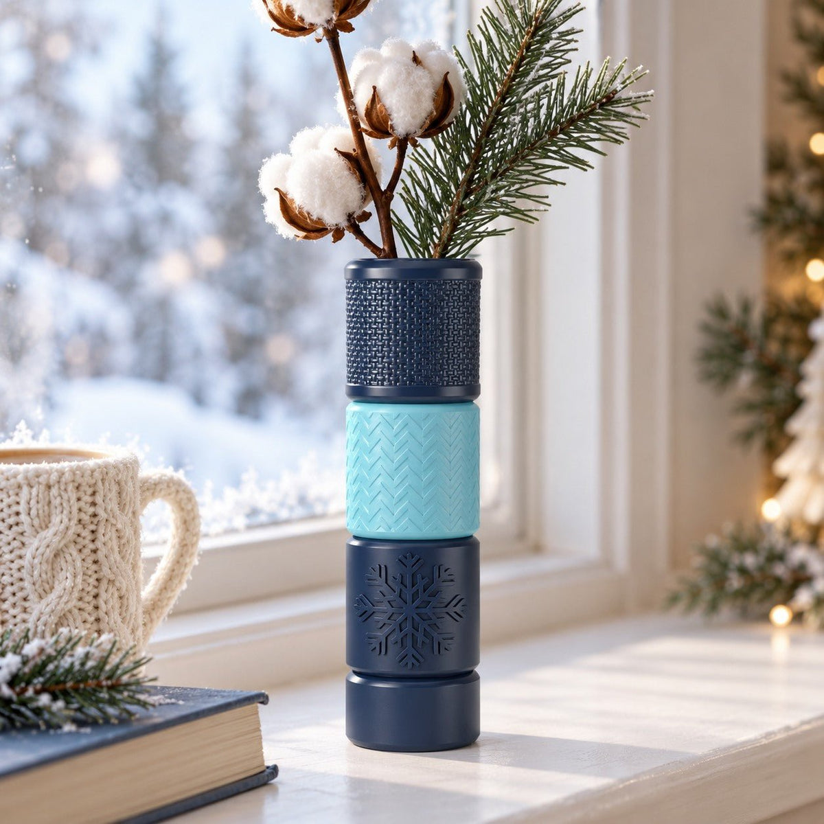 Winter Textured Vase – Navy & Aqua Stacked Bud Vase with Snowflake Band - Northern Foundry