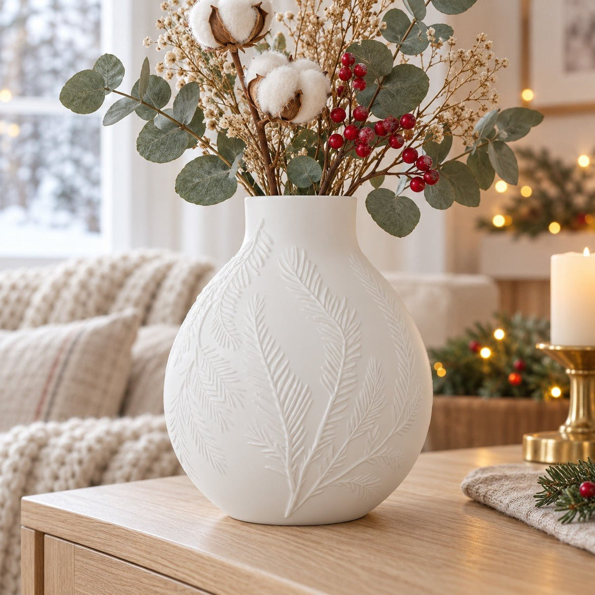 Winter Veil Vase – Round Flower Vase with Embossed Pine Branches - Northern Foundry