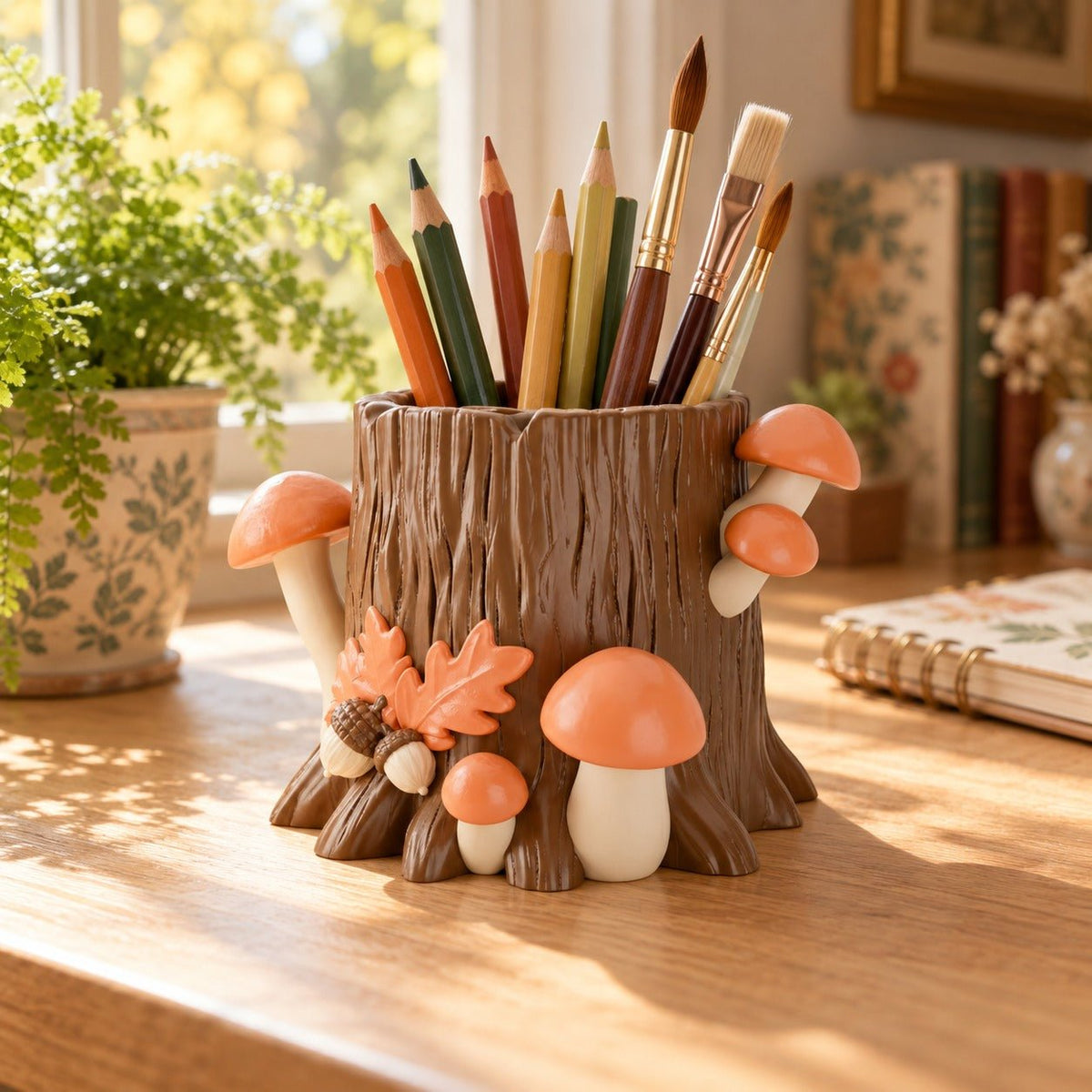 Woodland Stump Pen Holder – Tree Stump Desk Organizer with Mushrooms - Northern Foundry